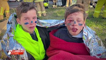 Twin boys survive Eynesbury bus and truck crash in Melbourne.