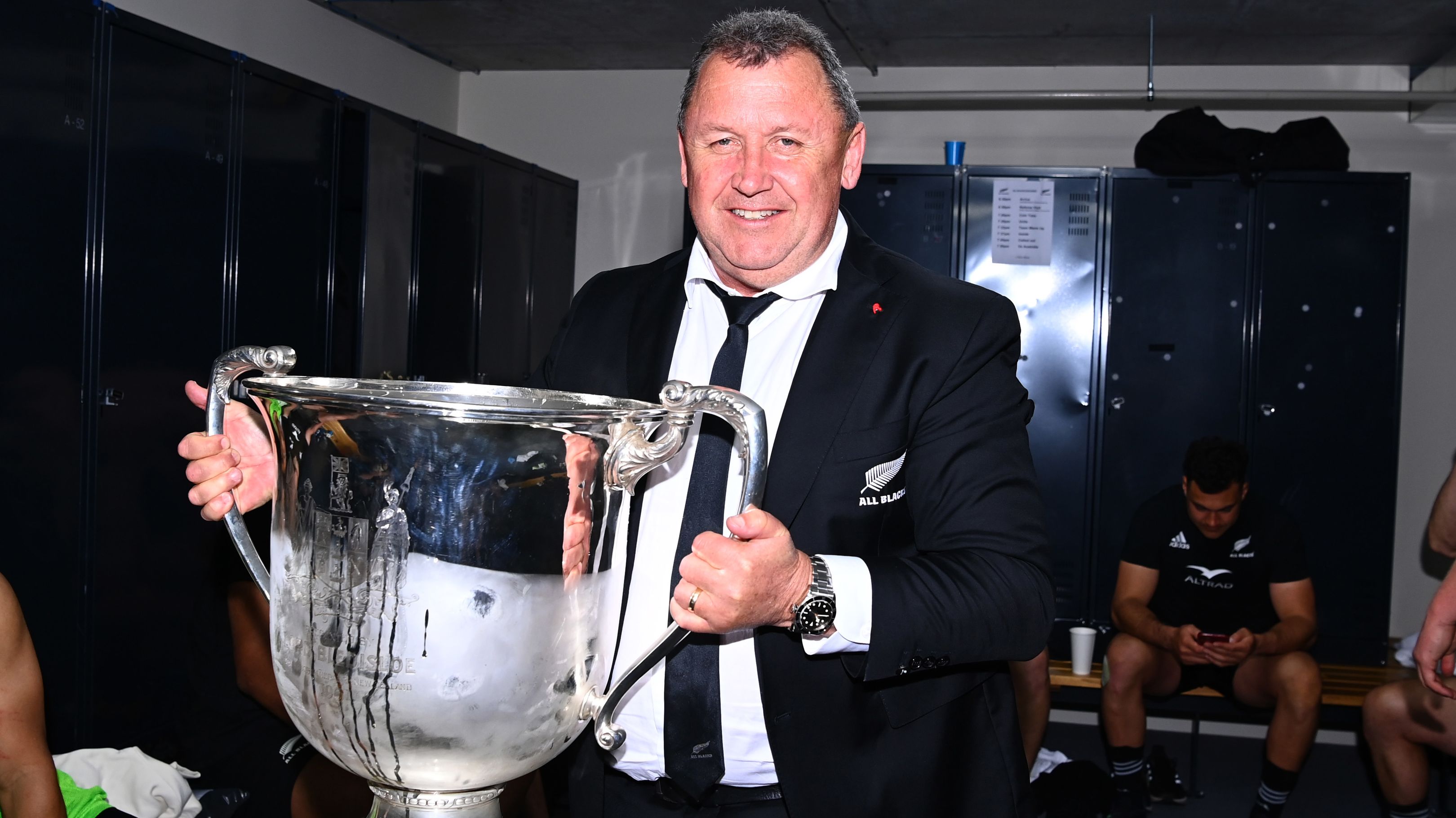 Coach Ian Foster of the All Blacks celebrates with the Bledisloe Cup.