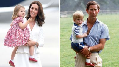 Princess Charlotte on tour in Poland, 2017; Prince Harry at Highgrove, 1986