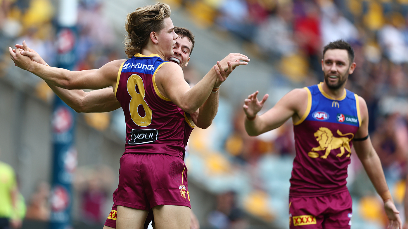 Will Ashcroft celebrates after kicking a goal against Fremantle.