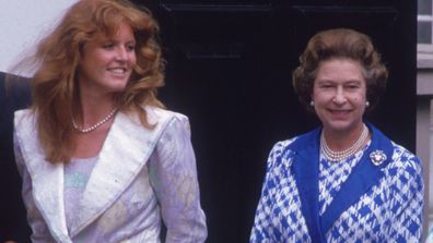 Sarah Ferguson, Duchess of York and Queen Elizabeth at Clarence House to celebrate the Queen Mother's 86th birthday in August 1986.