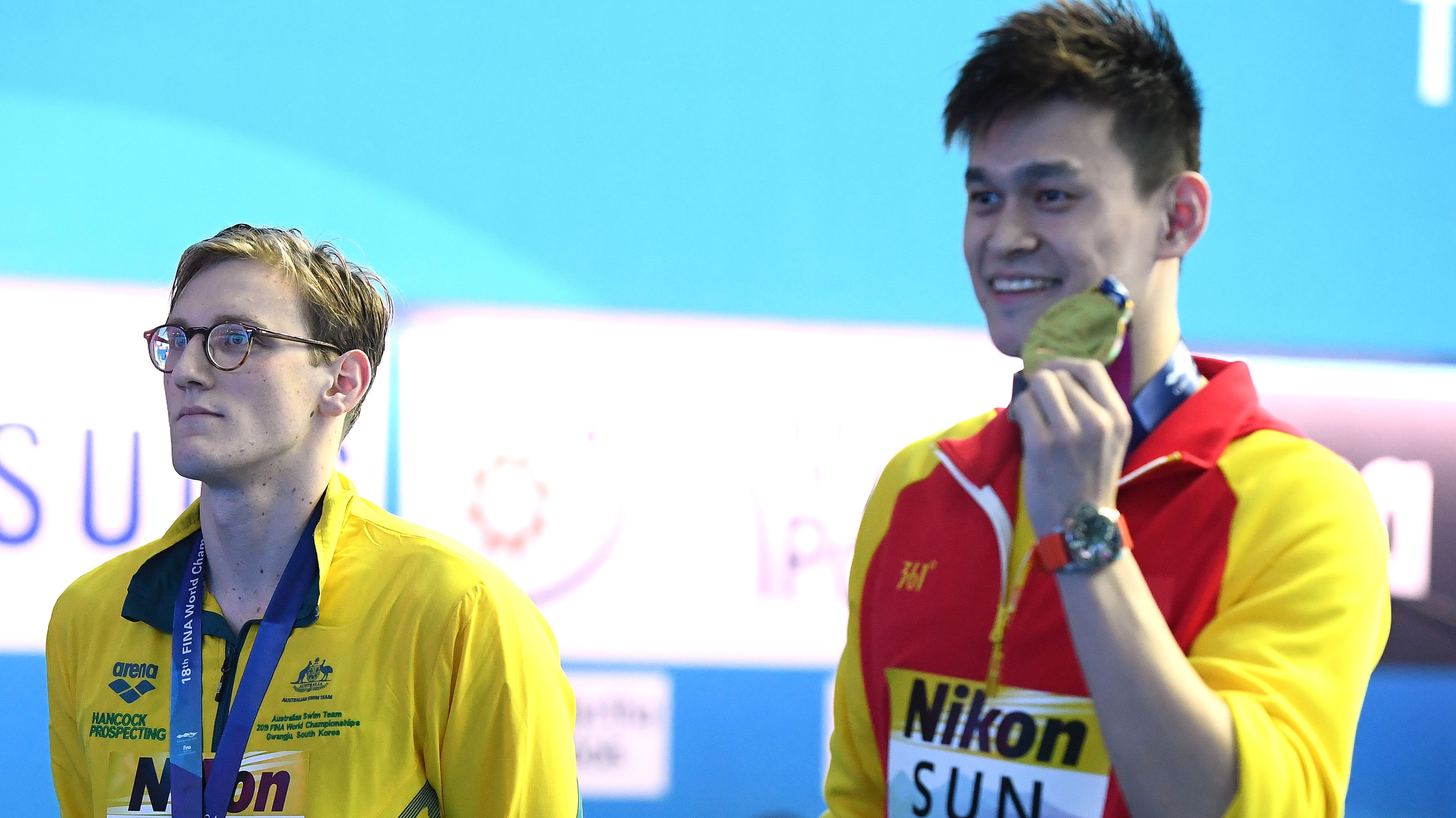 Silver medalist Mack Horton of Australia and gold medalist Sun Yang of China in 2019.