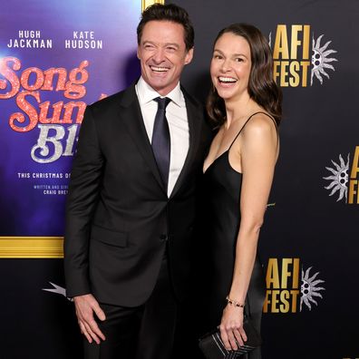 Hugh Jackman and Sutton Foster attend the Closing Gala Premiere of Song Sung Blue during AFI FEST 2025 at TCL Chinese 6 Theaters on October 26, 2025 in Hollywood, California. 