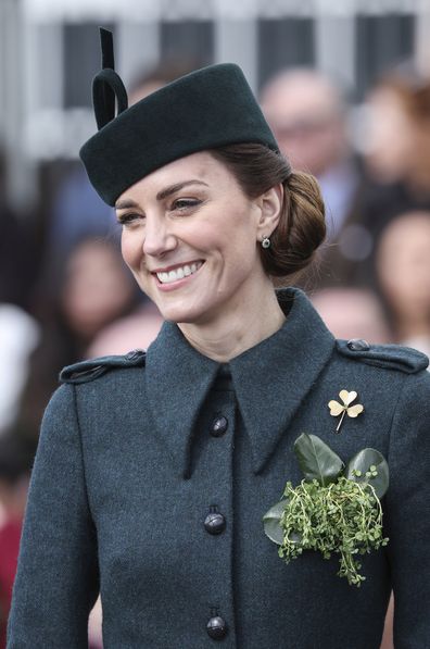 Britain's Kate, Duchess of Cambridge smiles during her visit to the 1st Battalion Irish Guards for the St Patrick's Day Parade, at Mons Barracks in Aldershot, England, Thursday, March 17, 2022