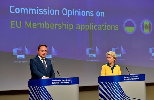 European Commission President Ursula von der Leyen, right, and European Commissioner for Neighborhood and Enlargement Oliver Varhelyi participate in a media conference after a meeting of the College of Commissioners at EU headquarters in Brussels, Friday, June 17, 2022. 
