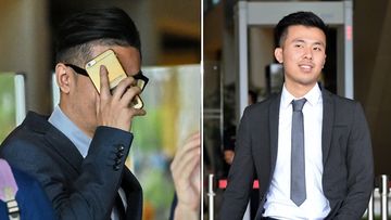 British nationals Le Michael (left) and Khong Tam Thanh (right), two of three British men accused of gang-raping a 23-year-old woman while visiting Singapore for a stag party, leave the Singapore high court. (AFP)