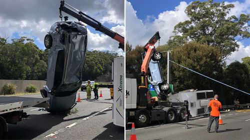 A couple's car was crushed in the crash but miraculously uninjured.