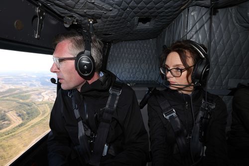 NSW Premier Dominic Perrottet and Emergency Services and Resilience and Minister for Flood Recovery Steph Cooke survey flooding by helicopter on July 08, 2022 in the Hunter Region, Australia. Floodwaters have inundated the region following days of storms and heavy rains.  (Photo by David Swift-Pool/Getty Images)