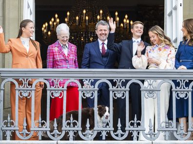 COPENHAGEN, DENMARK - MAY 26: (L-R)  Princess Isabella of Denmark, Queen Margrethe of Denmark, King Frederik X of Denmark, Prince Vincent of Denmark, Princess Josephine of Denmark, Queen Mary of Denmark and one of the Royal dogs appear on the balcony of Frederik VIII's Palace to celebrate the Kings's 57th birthday at Amalienborg Palace on May 26, 2025 in Copenhagen, Denmark.  (Photo by Martin Sylvest Andersen/Getty Images)