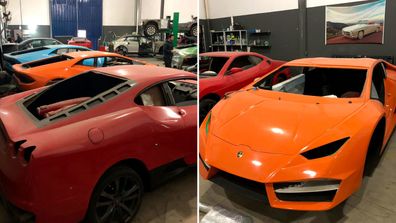 Fake Ferraris and Lamgorghinis siezed from a Brazilian workshop.