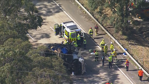 The driver was "severely injured and trappedï»¿" in a truck after the accident on the motorway at Calga.