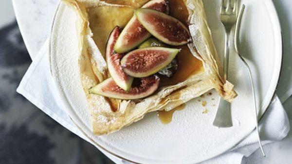 Fig, goat’s curd and honey filo tartlets