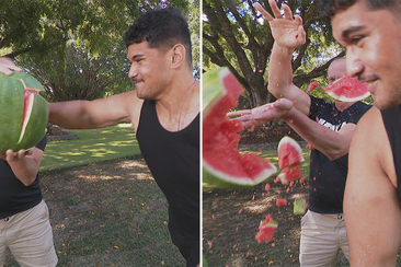 Alex Leapai Jr makes short work of a watermelon.