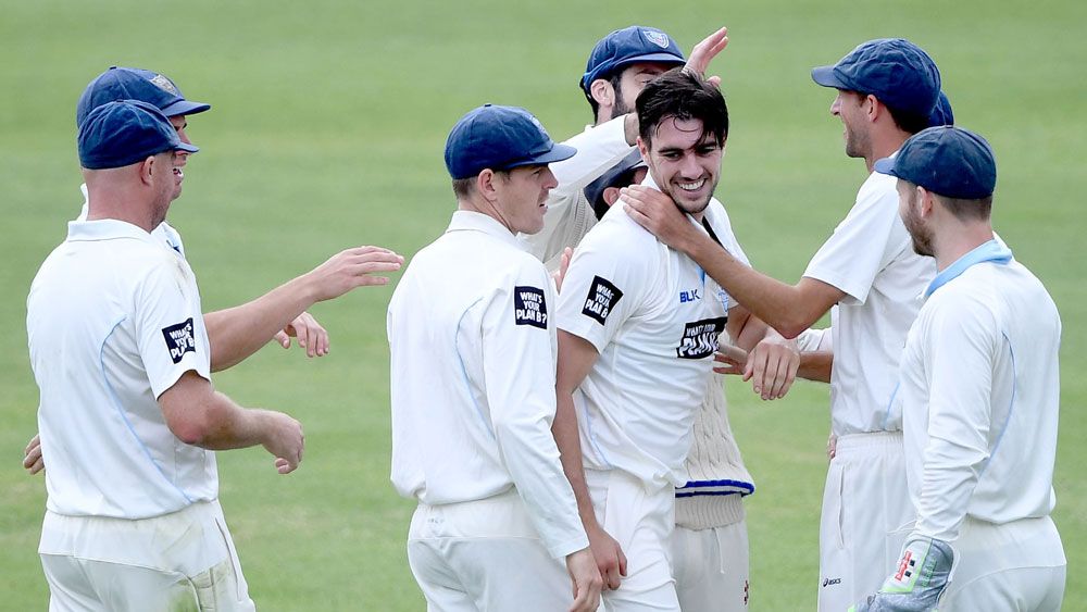 NSW fast bowler Pat Cummins celebrates a wicket against South Australia in the Sheffield Shield.