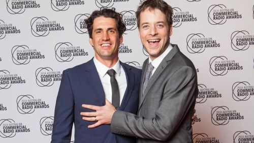Comedians Andy Lee and Hamish Blake at the Commercial Radio Awards in Melbourne. (AAP)