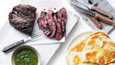 Recipe: <a href="http://kitchen.nine.com.au/2016/05/16/15/29/hanger-steak-with-chimichurri-and-yoghurt-flatbread" target="_top">Hanger steak with chimichurri and yogurt flatbread</a>