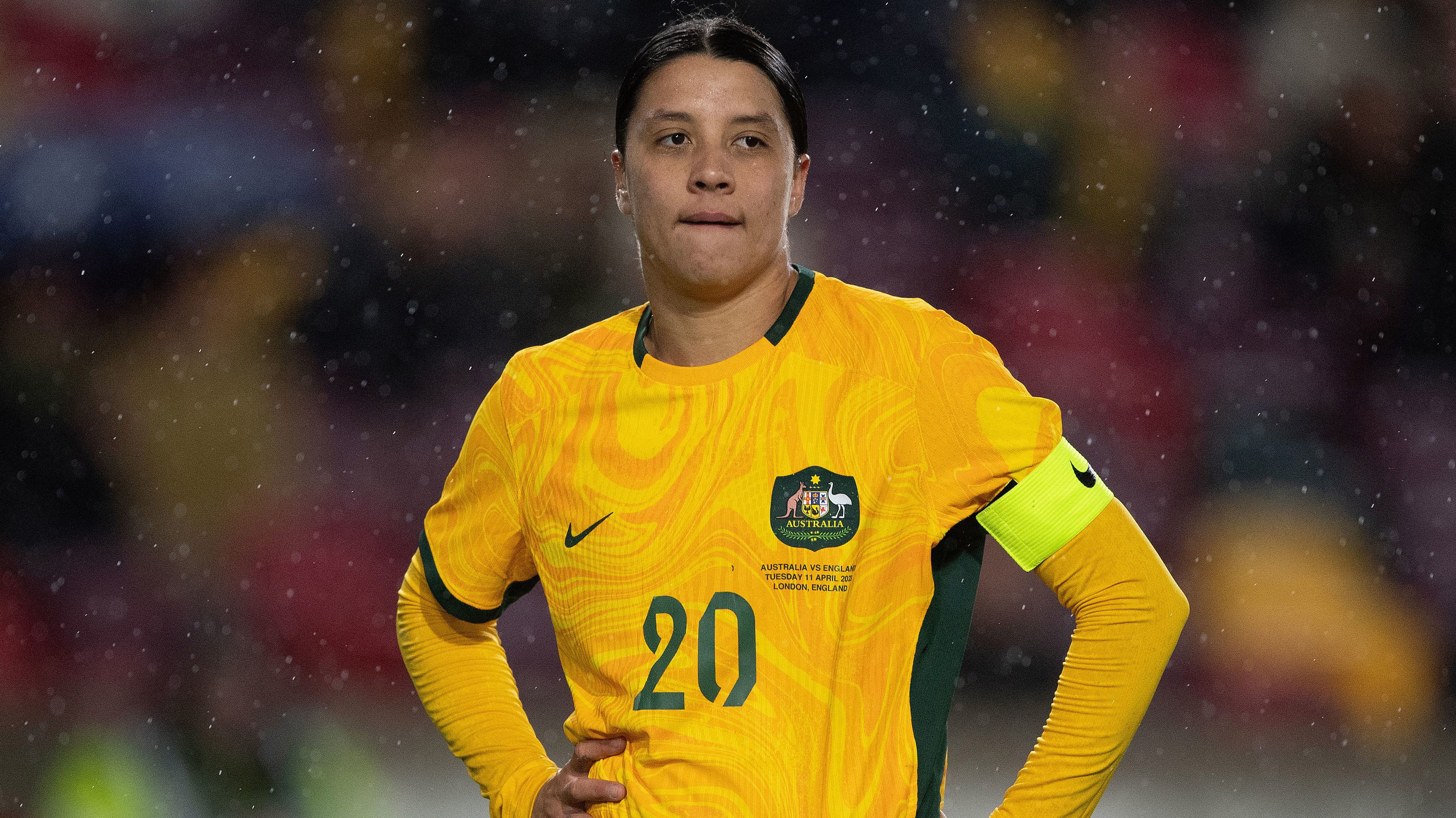 Matildas captain Sam Kerr pictured during the friendly international against England at Gtech Community Stadium on April 11, 2023 in Brentford, England.