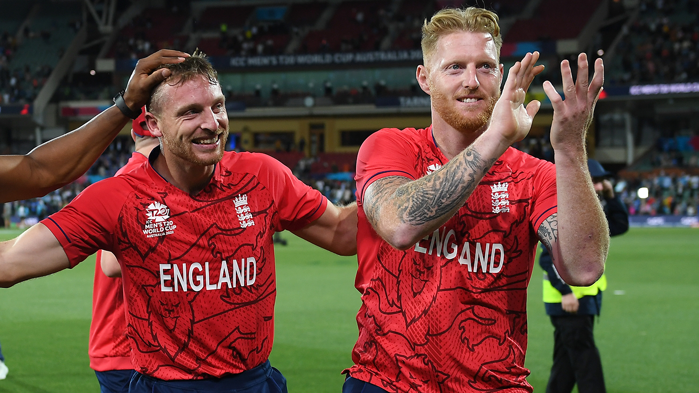 Jos Buttler and Ben Stokes celebrate victory following the ICC men&#x27;s T20 World Cup semi final between India and England.