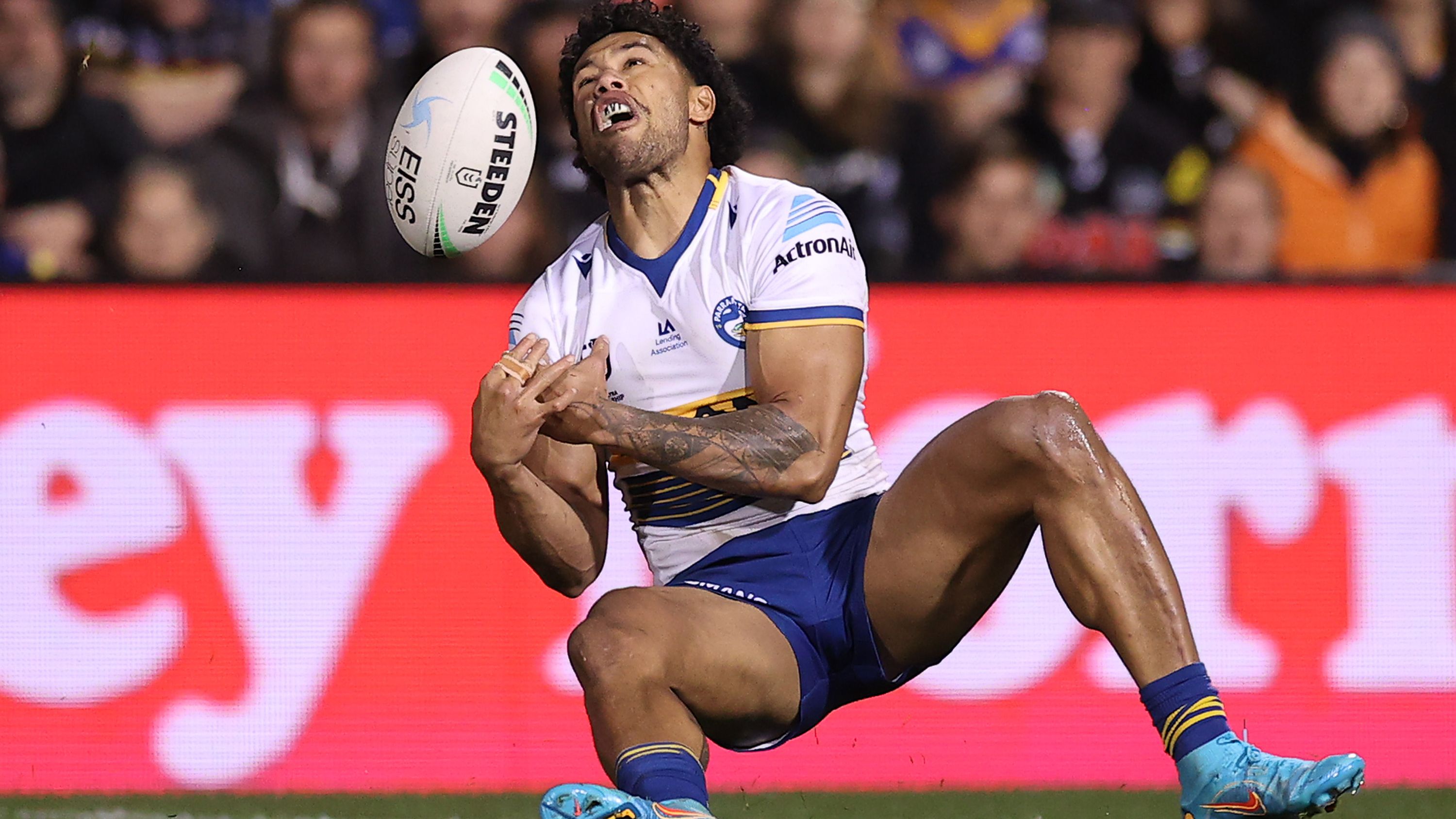 Waqa Blake of the Eels drops a Nathan Cleary kick in the qualifying final.