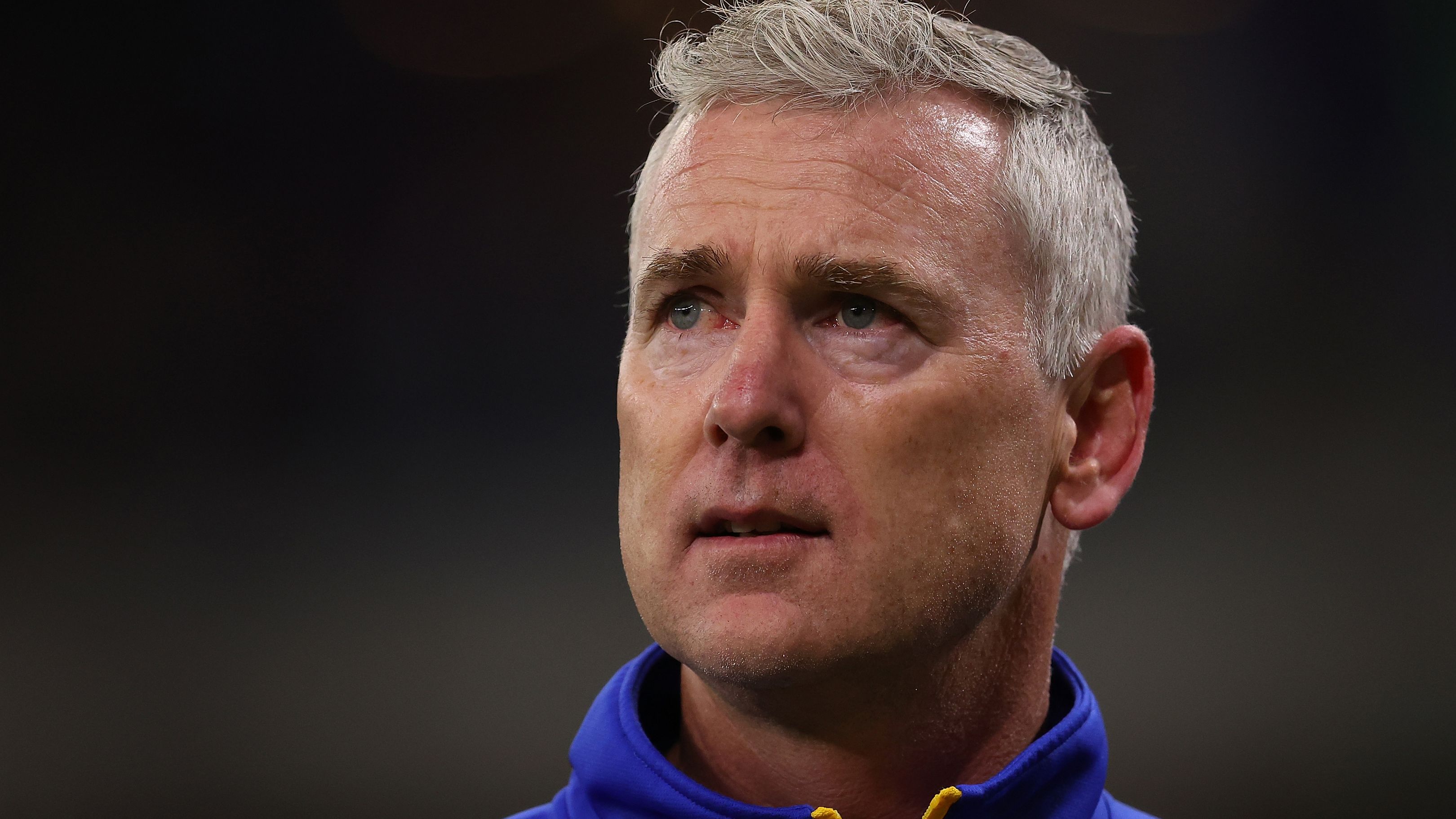 PERTH, AUSTRALIA - APRIL 29: Adam Simpson, head coach of the Eagles looks on during the round seven AFL match between the West Coast Eagles and Carlton Blues at Optus Stadium, on April 29, 2023, in Perth, Australia. (Photo by Paul Kane/Getty Images)