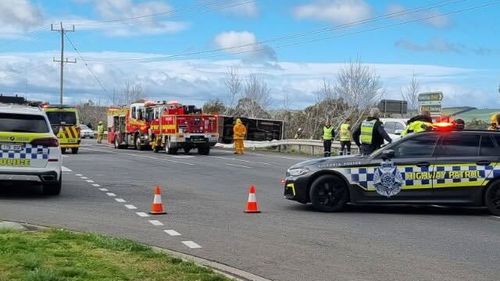 A school bus rollover has left several people injured north-west of Geelong in Victoria.Emergency services were called to the crash at Stonehaven about 8.20am today.