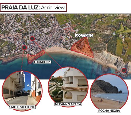 Aerial map of Praia da Luz, showing location of the McCann family apartment, the Smith sighting encounter and the Rocha Negra. Location one and two, as detailed by Pat Brown in episode 10, are also shown.