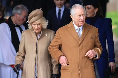 King Charles III and Queen Camilla attend the Christmas Morning Service at Sandringham Church on December 25, 2023 in Sandringham, Norfolk. 
