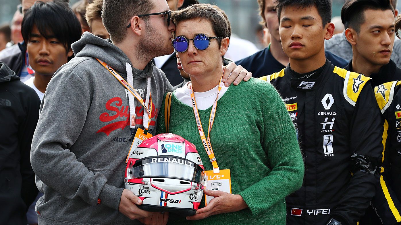 The brother and mother of Anthoine Hubert observe a minute&#x27;s silence in his honour.