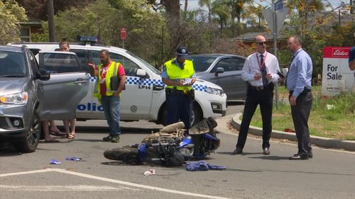 A motorcycle rider has fled after smashing into a four-wheel drive.