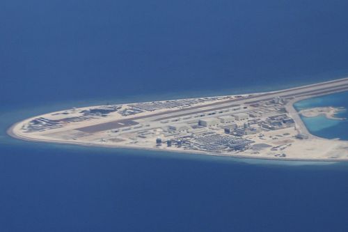 An airstrip, structures, and buildings on China's man-made Subi Reef in the Spratly chain of islands in the South China Sea.  