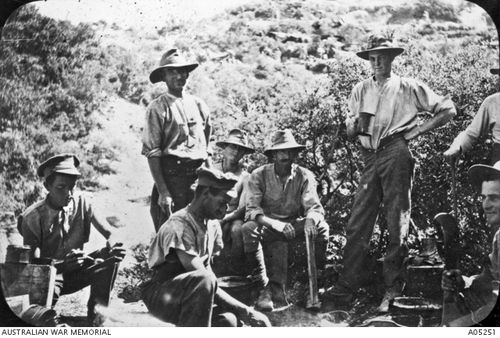A group of Anzacs making a meal at Gallipoli 1915.