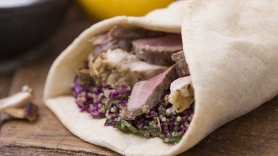 <a href="http://kitchen.nine.com.au/2016/10/13/12/27/lamb-and-chicken-souvlaki-with-garlic-garnished-hommus-and-quinoa-and-red-cabbage-tabbouleh" target="_top">Manu Feildel's lamb and chicken souvlaki with garlic garnished hommus and quinoa and red cabbage tabbouleh</a>