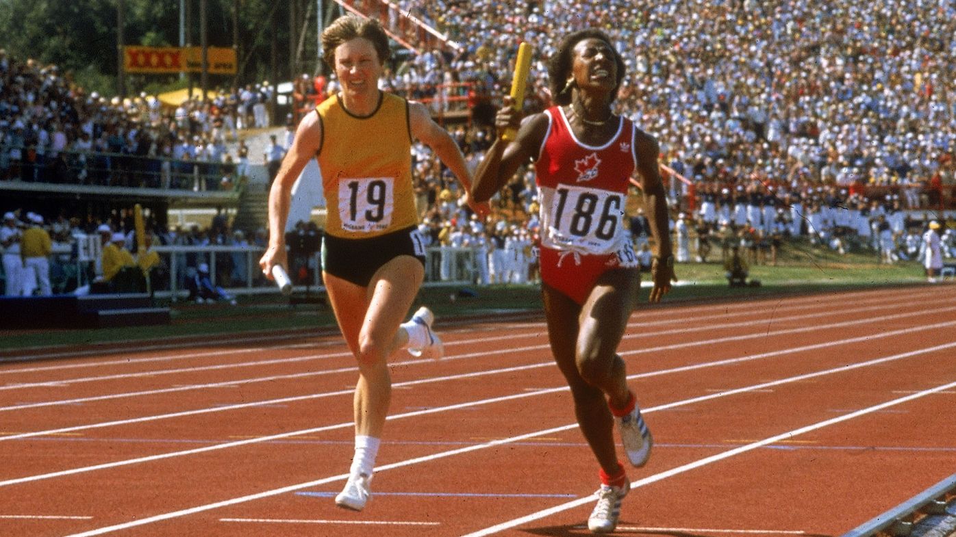 Raelene Boyle of Australia (L) and Angela Bailey of Canada in action in the Womens Relay during the 1982 Commonwealth Games held in Brisbane