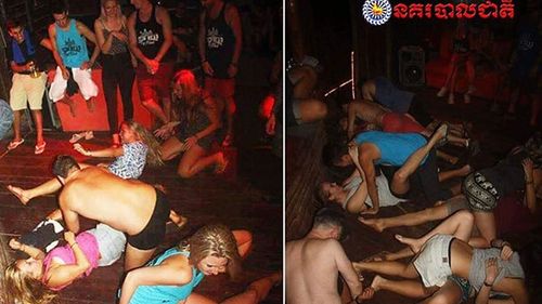 In this photo dated Jan. 25, 2018, issued by Cambodian National Police, a group of unidentified foreigners, who are accused of "dancing pornographically" at a party in Siem Reap town, near the country's famed Angkor Wat temple complex. (AP)