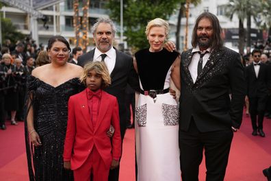 (L-R) Deborah Mailman, Aswan Reid, Wayne Blair, Cate Blanchett, and director Warwick Thornton pose for photographers upon arrival at the premiere of the film 'The New Boy' at the 76th international film festival, Cannes