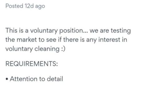 A job advertisement for a "volunteer" cleaning position in Wellington, New Zealand has been withdrawn.