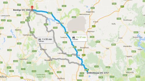 The car has travelled approximately 130km in around one hour. (Google Maps)