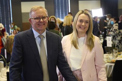 Anthony Albanese with partner Jodie Haydon after speaking at the National Press Club on January 25, 2022 in Canberra, Australia. 