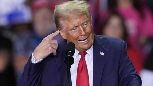 Republican presidential candidate former President Donald Trump speaks at a campaign rally at Van Andel Arena, Tuesday, Nov. 5, 2024, in Grand Rapids, Mich.