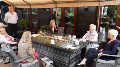 Sophie, Countess Of Wessex speaks to members of the Bagshot Women's Institute during her visit at 'The Half Moon' public house on July 08, 2020 in Windlesham, England