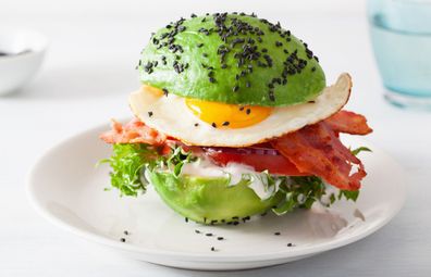 Stock image: Keto healthy low-carb burger with avocado buns