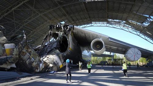 The gutted remains of the Antonov An-225, world's biggest cargo aircraft destroyed during recent fighting between Russian and Ukrainian forces
