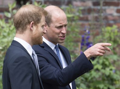 Britain's Prince William and Prince Harry gesture, during the unveiling of a statue they commissioned of their mother  Princess Diana,  on what woud have been her 60th birthday, in the Sunken Garden at Kensington Palace, London, Thursday July 1, 2021. (Dominic Lipinski /Pool Photo via AP)