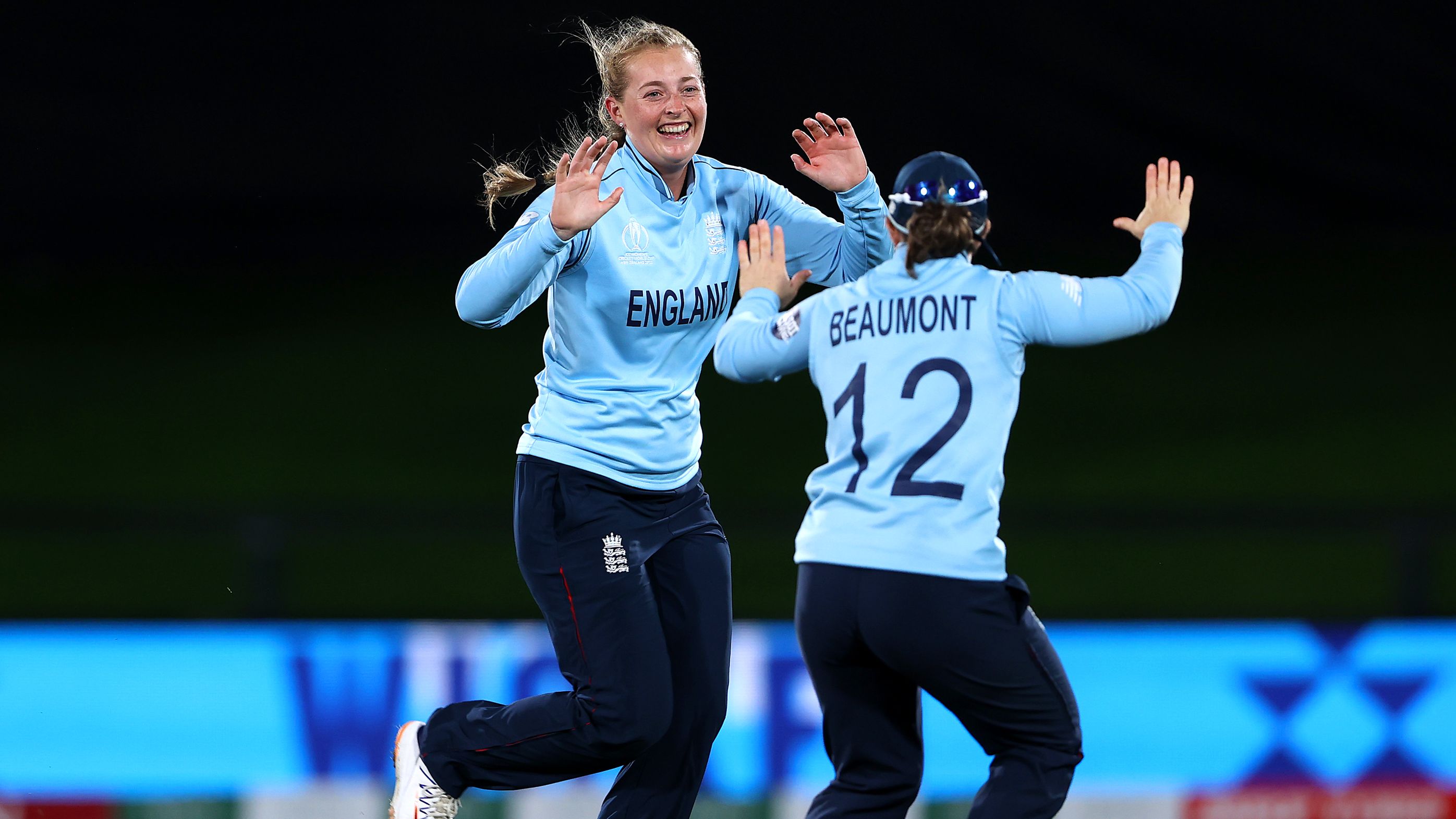 England&#x27;s Sophie Ecclestone celebrates with Tammy Beaumont after taking her sixth wicket during the Women&#x27;s Cricket World Cup semi final.