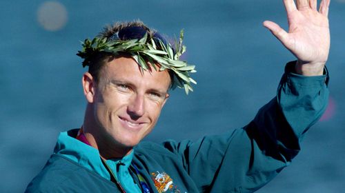 Australian Nathan Baggaley, seen here celebrating after receiving a silver medal in the K1 500 mens event at the 2004 Olympic Games in Athens. (AAP).