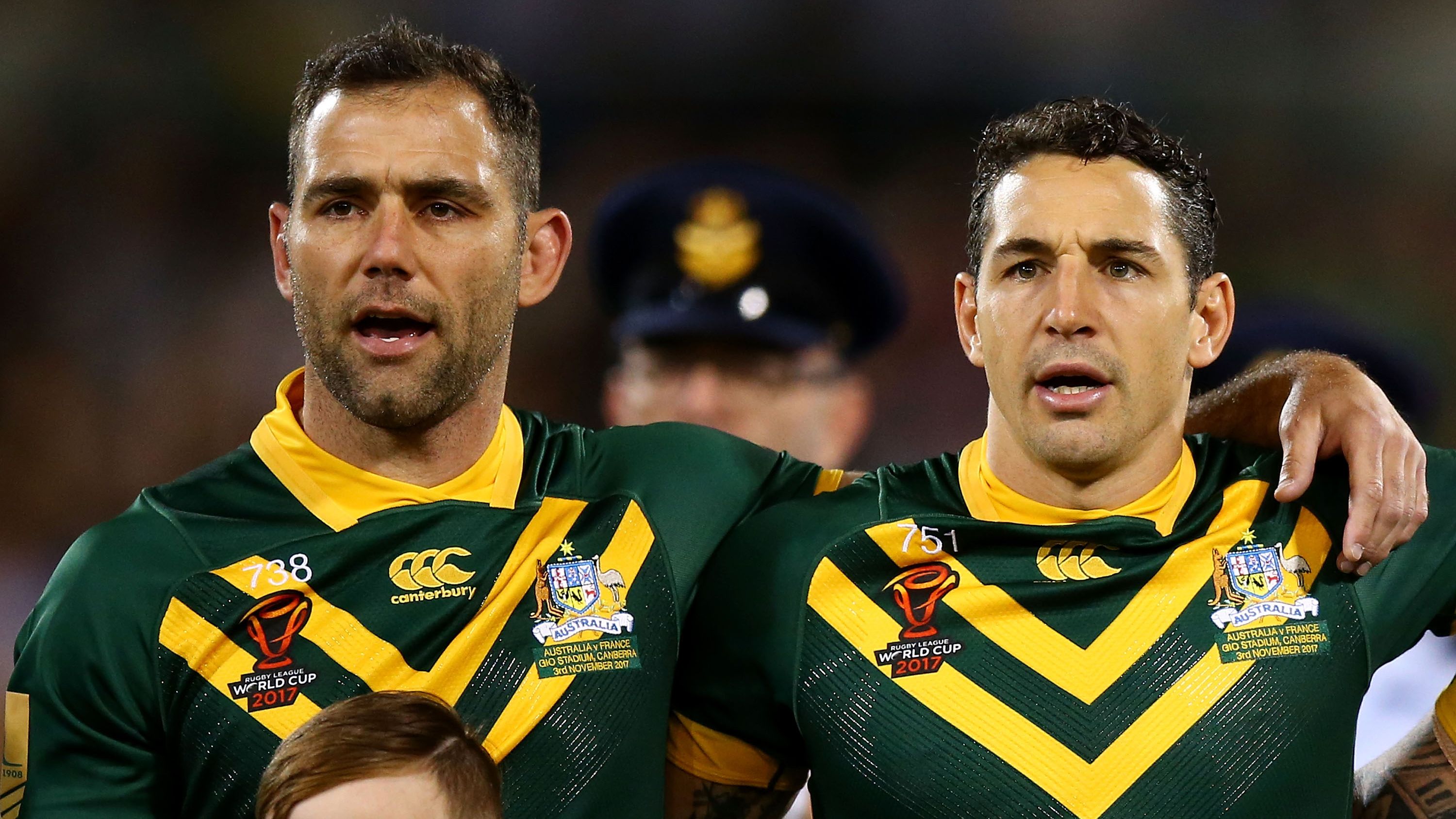 Cameron Smith alongside Kangaroos teammate Billy Slater at the 2017 Rugby League World Cup.