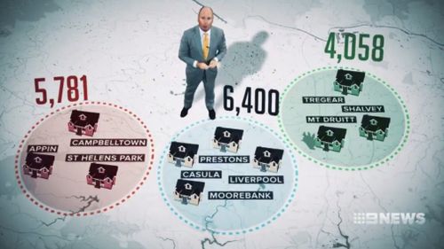 A map of areas in NSW where families are struggling to pay their mortgage. (9NEWS)