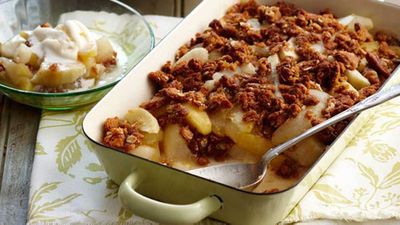 Recipe:&nbsp;<a href="http://kitchen.nine.com.au/2016/05/16/17/40/apple-pear-anzac-biscuit-crumble" target="_top">Apple, pear &amp; Anzac biscuit crumble</a>