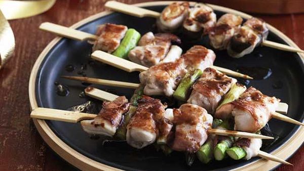 Bacon-wrapped chicken yakitori