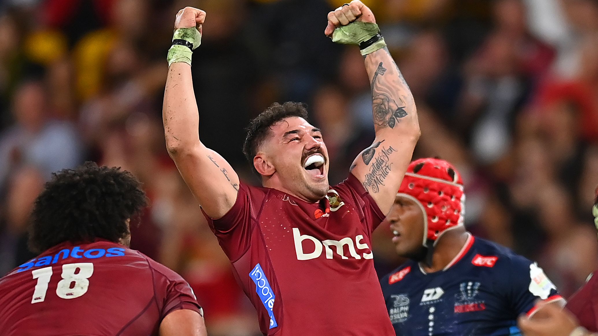 Jeff Toomaga-Allen of the Reds celebrates victory during the round 12 Super Rugby Pacific match between Queensland Reds and Melbourne Rebels.